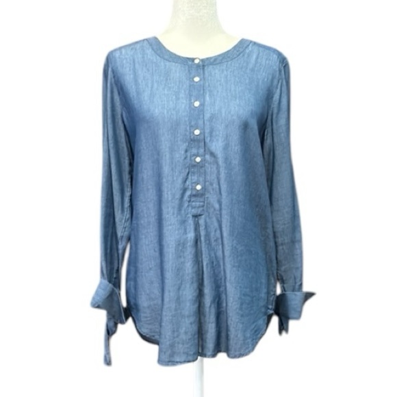 Loft Ann Taylor Tunic Chambray Bow Long Sleeve Button Round Neck Hi Lo Hem Small - Picture 9 of 12